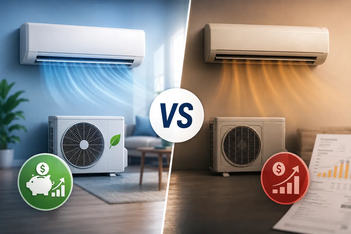 Comparação entre um ar-condicionado inverter, mais econômico, e um convencional