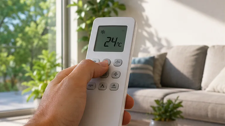 Mão segurando o controle remoto do ar-condicionado ajustado em 24 °C numa sala clara